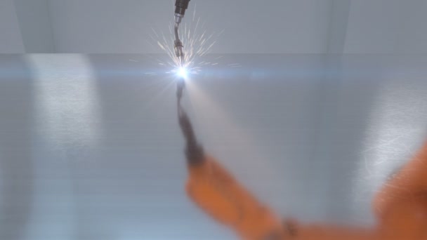 Processo de chapa metálica de corte de braço robótico com faíscas e chamas. Animação 3D Close-up. Conceito Industrial e Tecnológico. 4k UHD 3840x2160 . — Vídeo de Stock