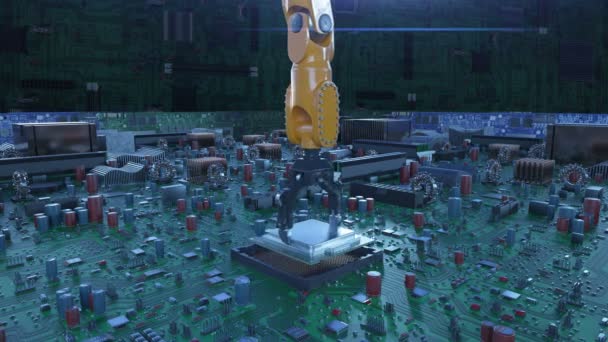 푸른 빛을 회로 보드에 프로세서를 설치 하는 로봇 팔. Cpu와 플레어 마더보드의 3d 애니메이션입니다. 기술 그리고 디지털 개념입니다. 4k Uhd 3840 x 2160. — 비디오