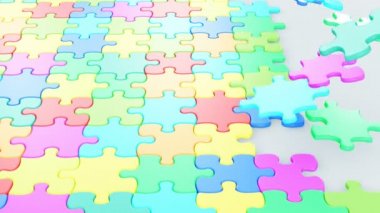 Güzel renkli Puzzle parçaları masanın üzerine düşüyor. Çocukluk kavramı 3d animasyon. Yeşil ekran Alfa maskesi. 4 k Ultra Hd 3840 x 2160.