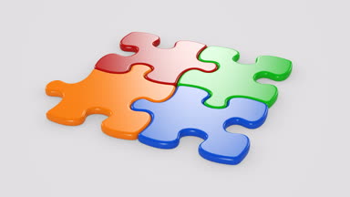 Güzel renkli Puzzle parçaları masanın üzerine düşüyor. Birlikte 3d animasyon katılmak. İşbirliği iş kavramı. Yeşil ekran. Alfa maskesi. 4k Uhd 3840 x 2160.
