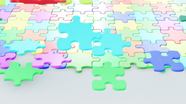 Piękne kolorowe Puzzle kawałki spada na powierzchni. Koncepcja dzieciństwa animacji 3d. Zielony ekran alfa maski. 4 k Ultra Hd 3840 x 2160. — Wideo stockowe