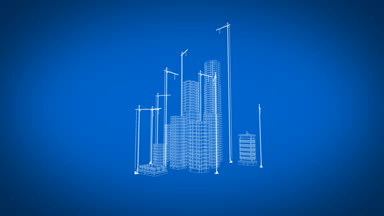 Vinçler ile çağdaş binaların güzel 3d Blueprint. Şehir büyüyen üzerinde uçan. Mavi renk 3d animasyon. İnşaat iş ve teknoloji kavramı. 4k Uhd 3840 x 2160.