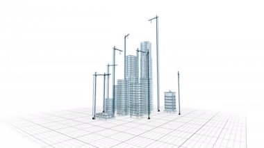 Modern İnşaat vinçleri ve binaların güzel 3d Blueprint. Şehir büyüyen üzerinde uçan. Soyut 3d animasyon. İnşaat iş ve teknoloji kavramı. 4k Uhd 3840 x 2160.