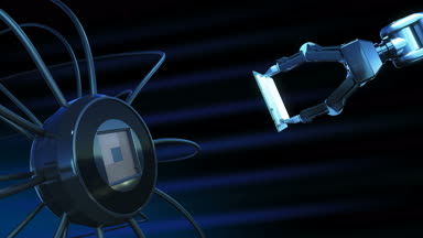 Güzel işlemci tarafından Robot kol mavi sinyalleriyle fütüristik devre kartı üzerinde yükleme işlemi. 3D animasyon anakart Cpu ve işaret fişekleri. Teknoloji ve dijital kavramı. 4k Uhd 3840 x 2160.