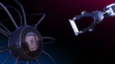Güzel Robot Kol CPU fütüristik devre kartı kırmızı sinyalleri ile yükleme. 3D animasyon anakart Cpu ve işaret fişekleri. Teknoloji ve iş kavramı. 4k Uhd 3840 x 2160.
