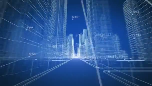 Extreme Fast Flight Through Modern City Digital 3d Blueprint with Network Numbers. Running to the Light. Construction and Technology Concept. Blue Color 3d Animation. 4k UHD 3840x2160. — Stock Video