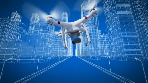 Beautiful Quadcopter filme une vidéo volant à travers la rue de la ville parmi les hautes tours et les bâtiments. Animation 3D en boucle. Business and Technology Concept. 4K Ultra HD 3840x2160 . — Video