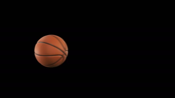 Hermosa pelota de baloncesto lanza en cámara lenta en negro con bengalas. Conjunto de 4 Videos. Baloncesto animaciones 3d de la bola voladora. 4k Ultra HD 3840x2160 . — Vídeos de Stock