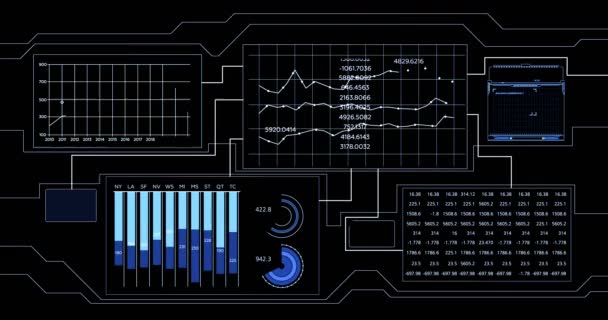 Mooie blauwe Hologram op zwart met fakkels en flitsen futuristische technologische Interface weergegeven met grafieken en cijfers analyseren Data Hud businessconcept werken. 4k Uhd 4096 x 2160. — Stockvideo