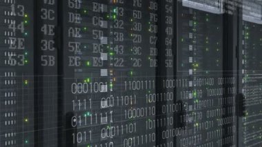 İşlem raf sunucuları yakın çekim Modern veri merkezi veri depolama bulut içinde çalışma ışık parlamaları bilgisayar dijital görselleştirme. Ağır işleme. 3D animasyon 4 k ilmekledi Uhd 3840 x 2160.