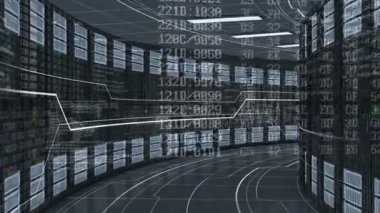 Üzerinden çalışan Hareketli raf tipi sunucular Modern Datacenter içinde. Cloud Computing veri depolama. Karmaşık hesaplamalar. 3D animasyon ilmekledi. 4 k Ultra Hd 3840 x 2160.