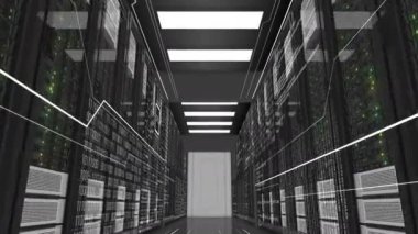 Üzerinden çalışan Hareketli raf tipi sunucular Modern Datacenter içinde. Cloud Computing veri depolama. Karmaşık hesaplamalar. 3D animasyon ilmekledi. 4 k Ultra Hd 3840 x 2160.