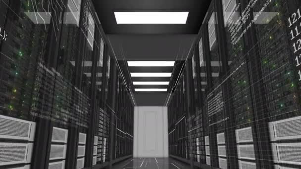 Beaux serveurs de rack travaillant dans le centre de données moderne. Cloud Computing Data Storage. Calculs complexes et renseignements sur la numérisation. Concept de technologie numérique. Animation 3D. 4k UHD 3840x2160 .