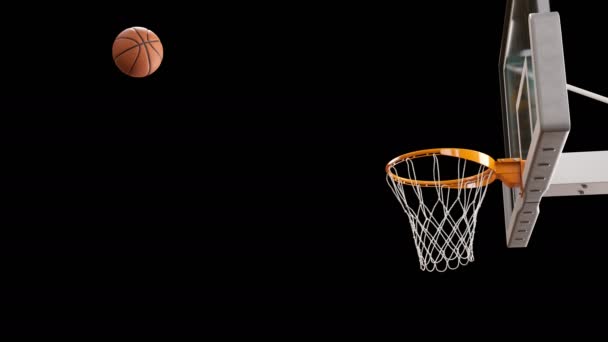 Schöner professioneller Wurf im Basketballkorb in Zeitlupe. Ball fliegt ins Korbnetz auf schwarzem Hintergrund. Sportkonzept. 3d animation 4k ultra hd 3840x2160. — Stockvideo
