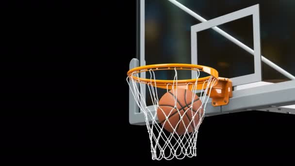 Όμορφο μπάσκετ μπάλα χτυπά καλάθι καθαρή αργή κίνηση γκρο πλαν κάμερα μύγα. Μπάλα πετά γυρίζοντας στον μπάσκετ τελάρο μαύρη και πράσινη οθόνη. Έννοια άθλημα. 3D animation άλφα ματ 4k Uhd 3840 x 2160. — Αρχείο Βίντεο