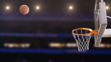 Bir basketbol Hoop yavaş güzel profesyonel atmak. Sepet içine iplik uçan top basketbol sahası ile sahne ışıkları, Net. Spor kavram. 3D animasyon 4k Ultra Hd 3840 x 2160.