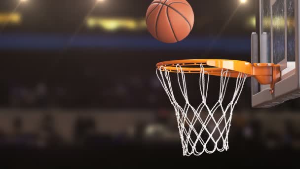 Beautiful Professional Throw Basketball Hoop Slow Motion Stadium Close-up. Ball Flies Spinning into Basket Net Tribunes Background. Sport Concept. 3d Animation 4k Ultra HD 3840x2160. — Stock Video