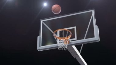 Bir basketbol Hoop ağır çekim kamera sinek güzel uzun atmak. Top sepeti Net Stadyumu mavi ışık patlamaları iplik uçar. Spor kavram 3d animasyon 4k Uhd 3840 x 2160.