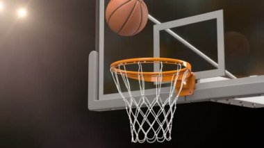 Güzel basketbol topu sepet Net ağır çekim yakın çekim kamera sinek vurur. Topu basketbol Hoop altın Stadyumu spot iplik uçar. Spor kavram 3d animasyon 4k Uhd 3840 x 2160.