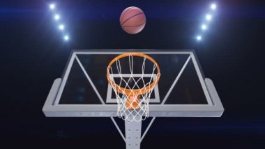 Profesyonel basketbol Hoop yavaş hareket oyuncu görünümü atmak. Güzel bir top uçuş içine sepeti Net Stadyum ışıkları. Spor kavram. 3D animasyon 4k Ultra Hd 3840 x 2160.