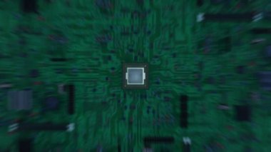 Elektron ve dijital kodlar çalışan işlemci içinde güzel uçuş. Parlak yanıp söner ve parlayan sayılar soyut 3d animasyon. Dijital teknoloji kavramı. 4k Uhd 3840 x 2160.