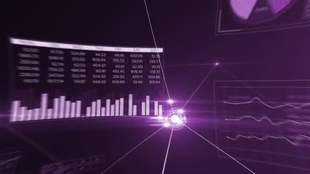 Flight Through Abstract Global Growing Business Network and Data Connections (em inglês). Purple Looped 3D Animação com Linhas, Pontos e Running Flares. Conceito de Negócios e Tecnologia. 4K Ultra HD 3840x2160 . — Vídeo de Stock