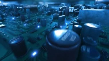 Parça ve işlemci içinde hareketli mavi sinyalleriyle ana kart üzerinde güzel uçuş. Siber parlak yanıp söner ve numaraları ile Soyut 3d animasyon. Dijital kavramı. 4k Uhd 3840 x 2160.