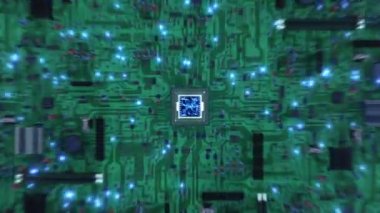 Cpu içinde güzel uçuş. Elektronlar hareketli parça ve dijital veri. Yanıp sönen işlemci öğeleri arasında Soyut 3d animasyon. Dijital kavramı. Son 200 kare ilmekledi. 4 k Ultra Hd 3840 x 2160.