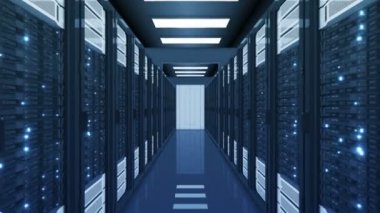 Güzel mavi Datacenter Sunucu odası üzerinden uçan. Bilgisayar satır sunucular raflar ile yanıp sönen ışıklar kesintisiz veri merkezindeki Soyut 3d animasyon. Dijital teknoloji kavramı. 4k Uhd 3840 x 2160
