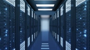 Veri merkezi Dof mavi renkte bulanıklık sunucu rafları üzerinden sorunsuz hareket. Güzel titreşen bilgisayar ışıkları ile 3d animasyon ilmekledi. Büyük veri bulut teknoloji kavramı. 4 k Ultra Hd 3840 x 2160.