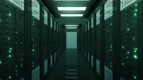 Racks de servidor verde movendo-se através das portas de abertura no banco de dados. Looped 3D Animação com luzes de computador piscando. Conceito de tecnologia Big Data Cloud. 4k Ultra HD 3840x2160 . — Vídeo de Stock