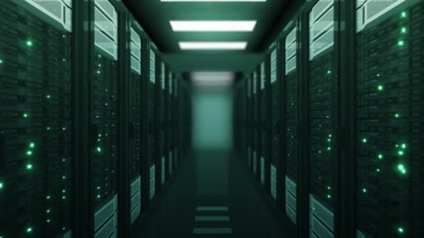 Seamless Flight Through the Server Racks Green Color in Data Center DOF Blur. Beautiful Looped 3d Animation with Flickering Computer Lights. Modern Electronics Technology Concept. 4k UHD 3840x2160. — Stock Video