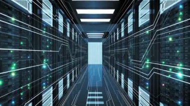 Grafik öğeleriyle çalışma Modern Datacenter Server rafları güzel satırları. 3D animasyon meşgul ana bilgisayarlar ilmekledi. Dijital medya ve fütüristik teknoloji kavramı. 4 k Ultra Hd 3840 x 2160.