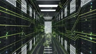 Ağ bağlantıları Datacenter'soyut bağlantılarla akan dijital sembollerde. Sunucu rafları 3D animasyon ilmekledi. Dijital medya ve fütüristik teknoloji kavramı. 4 k Ultra Hd 3840 x 2160.