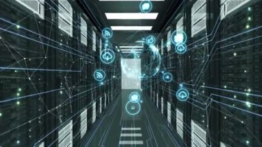 Sunucu odasına uçan ağ bağlantıları ile soyut mavi medya simgeler. Datacenter 3D animasyon ilmekledi. Dijital medya ve fütüristik teknoloji kavramı. 4 k Ultra Hd 3840 x 2160.