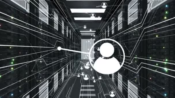 Sieci społecznej człowieka ikony przepływające streszczenie połączeń w Datacenter. Zapętlona animacja 3d szaf serwerowych. Media cyfrowe i koncepcja futurystyczna technologia. 4 k Ultra Hd 3840 x 2160. — Wideo stockowe