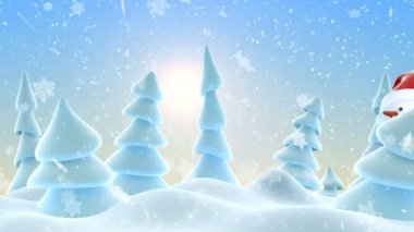 Sevimli kardan adam kırmızı Santa şapka tebrik elle ve gülümseyen güneşli kar yağışı. Güzel 3d çizgi film animasyon. Animasyonlu tebrik kartı Merry Christmas mutlu yeni yıl kavramı. 4 k Ultra Hd 3840 x 2160