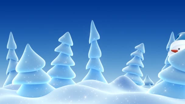 Bonhomme de neige heureux dans le chapeau bleu de Santa saluant avec les mains et souriant dans la forêt d'hiver. Belle animation de bande dessinée 3D. Carte de voeux animée. Joyeux Noël Bonne année Concept. 4k Ultra HD 3840x2160 — Video