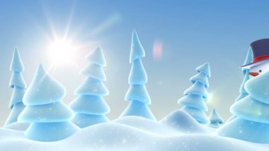 Komik kardan adam silindir şapka el ile tebrik ve gülümseyen güneşli kar ormanda. Güzel 3d çizgi film animasyon. Animasyonlu tebrik kartı neşeli Noel ve mutlu yeni yıl kavramı. 4k Uhd 3840 x 2160.