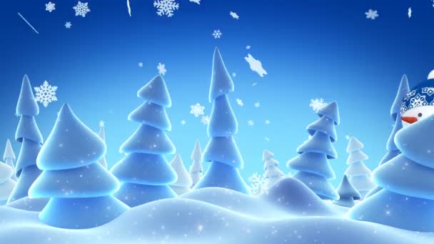 Bonhomme de neige heureux en chapeau bleu saluant avec la main et souriant dans la forêt d'hiver du soir. Belle animation de bande dessinée 3D. Carte de voeux animée. Joyeux Noël Bonne année Concept. 4k UHD 3840x2160 . — Video