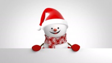 Komik kardan adam Santa şapka el ile tebrik ve beyaz arka plan üzerinde gülümseyen. Güzel 3d çizgi film animasyon yeşil ekran Alfa mat. Animasyonlu tebrik kartı. Son çerçeve döngü-mümkün. 4k Uhd 3840 x 2160
