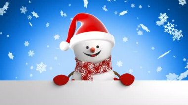 Noel Baba el ile tebrik ve kar yağışı arka plan gülümseyen şapkalı sevimli kardan adam. Güzel 3d çizgi film animasyon yeşil ekran Alfa maskesi. Animasyonlu tebrik kartı Noel kavramı. 4 k Ultra Hd 3840 x 2160