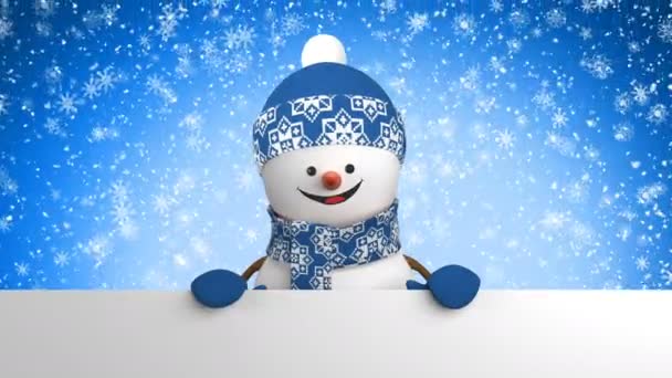 Hezký sněhulák v Blue Cap pozdrav s rukou a usmívá se na pozadí sněžení. Krásné 3d Kreslená animace zelené obrazovky Alfa podkladu. Animovaný pozdrav vánoční Card. koncept. 4k Uhd 3840 x 2160 — Stock video