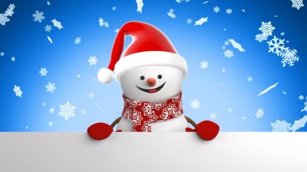 Aranyos hóember Santa kalap üdvözlés kézzel és mosolyogva havazás háttér. Gyönyörű 3D-s rajzfilm animációs zöld képernyő alfa maszk. Animált üdvözlés kártya karácsonyi Concept. 4 k Ultra Hd 3840 x 2160