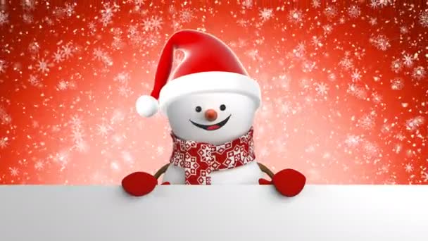 Szép boldog hóember Santa kalap üdvözlés kézzel és mosolyogva havazás. 3D rajzfilm animációs zöld képernyő alfa-csatorna. Animált üdvözlőlapot. Új év koncepció. 4 k Ultra Hd 3840 x 2160
