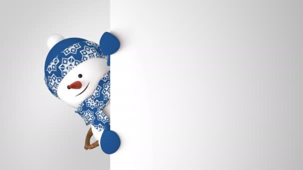 Muñeco de nieve divertido en azul Cap Saludo con la mano y sonriendo sobre fondo blanco. Hermosa animación 3d de dibujos animados pantalla verde Alfa. Tarjeta de felicitación animada. Últimos cuadros en bucle. 4k Ultra HD 3840x2160 — Vídeo de stock