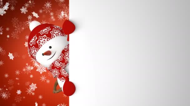 Snowman engraçado em Red Hat Saudação com a mão e sorrindo no fundo de neve. Linda animação de desenhos animados 3d verde tela Alpha Matte. Cartão de felicitações animado Feliz Natal. 4k Ultra HD 3840x2160 — Vídeo de Stock