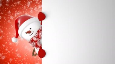 Güzel mutlu kardan adam Santa şapka el ile tebrik ve kar yağışı gülümseyen. 3D çizgi animasyon yeşil ekran alfa kanalı. Animasyonlu tebrik kartı. Yeni yıl kavramı. 4 k Ultra Hd 3840 x 2160