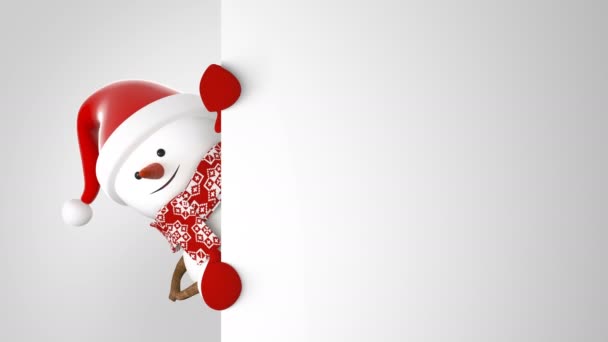 Смешной Снеговик в кепке Санта Клауса "Приветствие руками и улыбка". Трехмерный анимационный зеленый экран. Анимационная поздравительная открытка. Счастливого Рождества. Последняя петля. 4k UHD 3840x2160 — стоковое видео