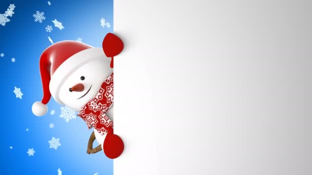 Söt snögubbe i Santa hatt hälsning med Hand och ler snöfall bakgrund. Vackra 3d Cartoon Animation grön skärm Alpha Mask. Animerade gratulationskort Card. jul koncept. 4 k Ultra Hd 3840 x 2160 — Stockvideo